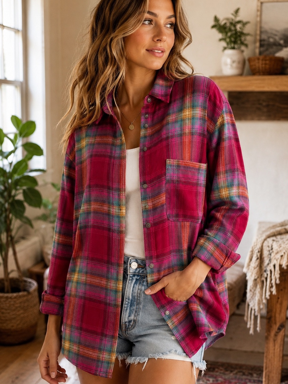 NWT Universal Thread Plaid Flannel Shirt Pink Multicolor Relaxed Fit Medium